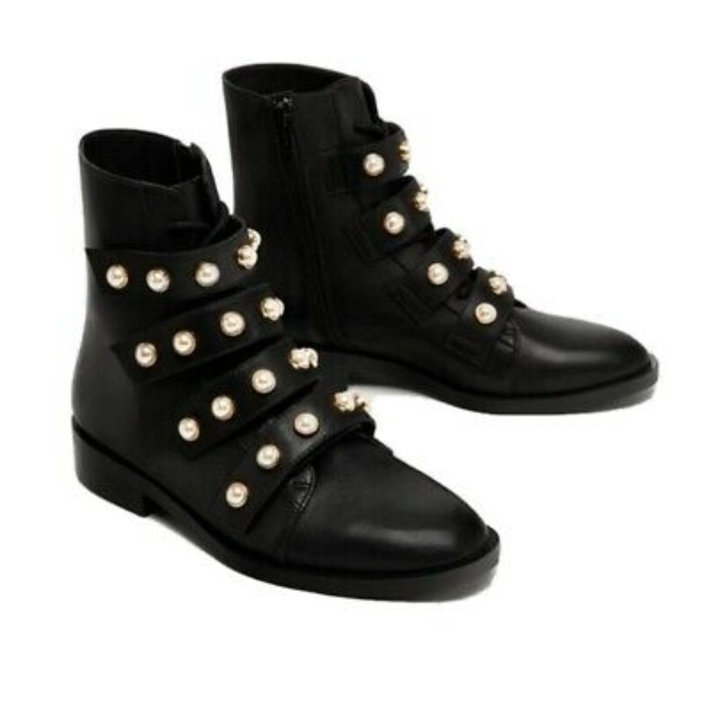 Zara Trafaluc Pearl Strap Lace Up Faux Leather Combat Ankle Boots Black …